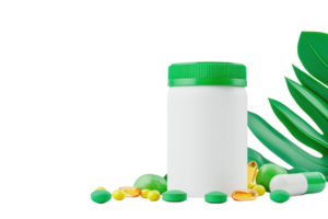 A white container with a green lid surrounded by assorted pills and leaves, emphasizing health and wellness. png