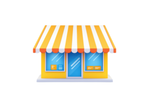 A colorful storefront featuring a yellow and white striped awning, large windows, and visible display items. png