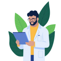 A man in a lab coat holds a clipboard, exuding a professional and knowledgeable demeanor. png