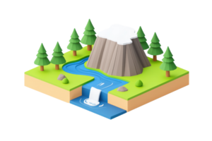 A stylized landscape featuring a mountain with snow, surrounded by trees and a flowing river with a waterfall. png