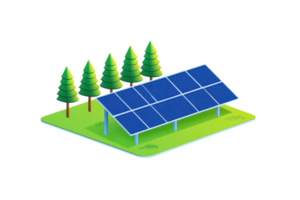 A solar panel array stands on green land, surrounded by coniferous trees, showcasing renewable energy technology. png