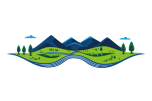 A vibrant, stylized landscape featuring rolling hills, mountains, a river, and trees under a clear sky. png