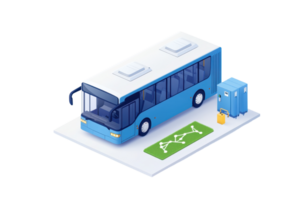 A blue city bus stands next to a service station, featuring a charging facility and a green area for bus stops or parking. png