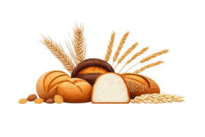 A variety of freshly baked breads, including rolls and loaves, adorned with wheat stalks, showcasing different textures and colors. png