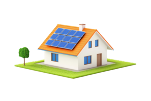 A modern house with a sloped roof, featuring solar panels and surrounded by a small grassy area and a tree. png