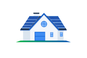 A modern house featuring solar panels on the roof with a circular window and a blue garage door. png