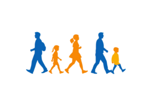 A stylized silhouette of a family walking, featuring varying heights and colors, representing different ages and relationships. png