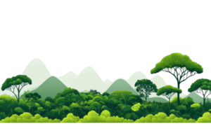 Lush green vegetation and stylized mountains create a serene landscape, showcasing various shades of green in a harmonious design. png