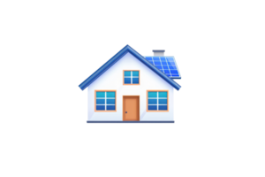 A stylized house with a blue roof and solar panels, featuring a brown door and multiple windows. png