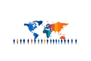 A colorful world map with figures representing people standing below it, symbolizing diversity and global presence. png
