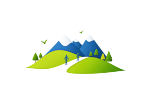 A stylized landscape featuring two hikers traversing green hills and mountains adorned with snow-capped peaks and birds in flight. png