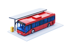 A vibrant red city bus parked at a bus stop, ready for passengers, featuring a detailed design and a shelter overhead. png
