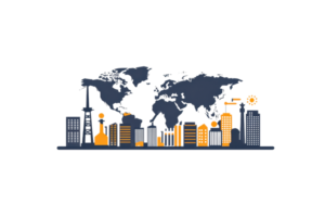 A stylized city skyline with a world map backdrop, featuring various buildings and elements representing urban life and geography. png