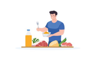 A man is preparing a meal, holding a fork, with various fresh ingredients displayed around him, including meat, vegetables, and a drink. png