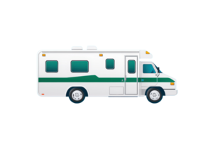 A white and green recreational vehicle with multiple windows and a roof-mounted air conditioning unit. png