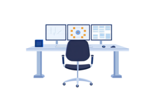 A modern workspace featuring a desk with multiple computer monitors and a swivel chair, designed for productivity and analysis. png