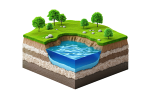 A cross-section illustration showing lush grass, trees, and a body of water surrounded by different soil layers. png