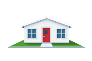 A simple, modern house with a red door, two windows, and a small green lawn in front. png