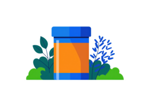A colorful jar with a blue lid and orange body, surrounded by stylized foliage, emphasizing a blend of nature and modern design. png
