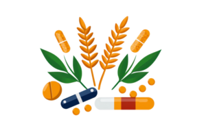 A collection of various capsules, tablets, and wheat stalks arranged with leafy elements. png
