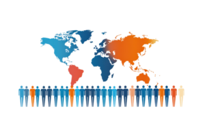 A graphic representation of diverse human figures arranged below a world map, showcasing different colors symbolizing global demographics. png