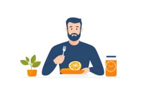 A man with a beard enjoys a meal featuring a slice of orange on his plate, accompanied by a jar of orange juice and a small potted plant. png