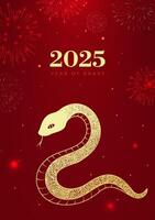Spring Festival poster design to celebrate the Year of the Snake with golden snakes and fireworks vector