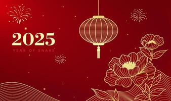 Spring Festival background design gold linear lanterns and peony flowers vector