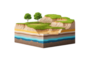A layered geological cross-section featuring green hills, soil strata, and two trees on the top layer. png