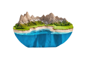 A detailed miniature landscape featuring rugged mountains, greenery, and a serene body of water, showcasing a vibrant and artistic representation of nature. png