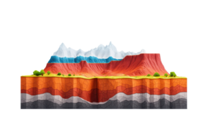 A colorful, layered geological model depicting mountains and sedimentary rock formations. png