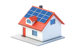 A modern house featuring a red roof, multiple windows, and solar panels on top, emphasizing energy efficiency and contemporary design. png