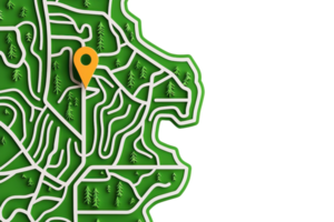 A vibrant, stylized map featuring winding paths and a prominent location marker, set against a dark background. png