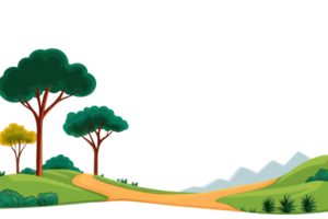 A stylized landscape featuring vibrant trees, a winding path, and distant mountains, creating a serene outdoor scene. png