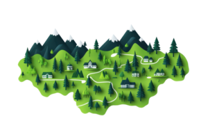 A vibrant, stylized map depicting mountainous terrain, winding paths, and quaint houses nestled among lush greenery and towering trees. png