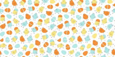 Cartoon colorful chickens, repeating background, pattern. Animals, poultry. Set of little chickens, painted eggs. Hand drawn doodle linear icons. Easter design, seamless texture. vector
