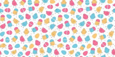 Pattern colorful chickens. Animals, poultry repeating background. Set of little chickens, painted eggs. Hand drawn linear doodle icons. Easter design, seamless texture. vector