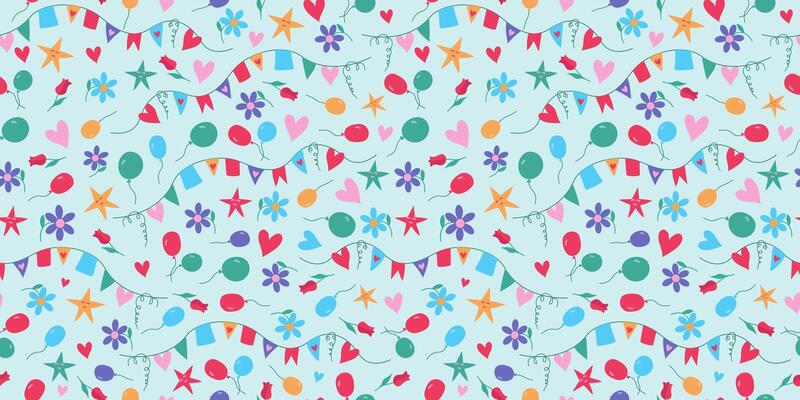 Pattern holiday decor. Flags, garlands, hearts, balloons, stars and flowers. Funny cartoon holiday decor, icons. Seamless repeating background.