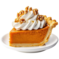Indulgent Slice of Pumpkin Pie with Whipped Cream and Crunchy Nuts on a White Plate png
