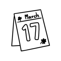 A black and white outline drawing of a calendar page with the date March 17th written. The number 17 is bold, and there are small shamrocks decorating the top and bottom of the page. png
