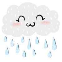 Cute cartoon clouds are smiling and raining. Have a happy expression with closed eyes and pink cheeks. The clouds are white and fluffy. And it was raining in small, blue drops. png