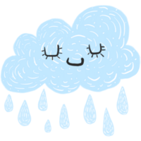 A simple, hand-drawn illustration of a blue cloud with a happy face and closed eyes. It's raining small, teardrop-shaped raindrops below. png