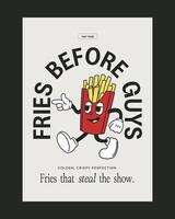 Retro-inspired poster featuring a cheerful fries mascot with bold typography, perfect for fast food branding and restaurant promotions. vector