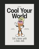 Retro-themed poster featuring a lively ice cream cone mascot with bold typography, ideal for dessert branding or fast food advertising campaigns. vector