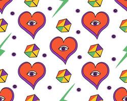 A vibrant and colorful pattern filled with hearts and geometric shapes arranged in a playful manner vector