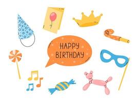 Happy Birthday elements set, greeting card. Funny flat colorful hand drawn kid bday design objects isolated vector