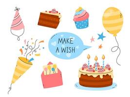 Happy Birthday elements set, greeting card. Make a Wish lettering. Funny flat colorful hand drawn kid bday design objects isolated vector