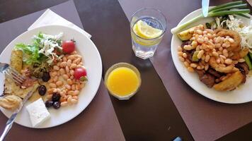 Time lapse of two people eating various food from dishes with salad, fish and meat. Unrecognizable person eating lunch using knife and fork, drinking beverages from glasses video