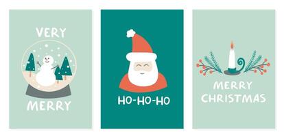 Christmas Collection Greeting Cards in Modern Minimalistic Scandinavian Style. Illustration of Santa Claus, Candle, Fir Branches, Snowman and Snowball. vector