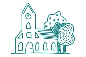 Winter Cityscape, City Hall with Clock Tower and Trees, Town Building and Park in Hand Drawn Sketch Style vector